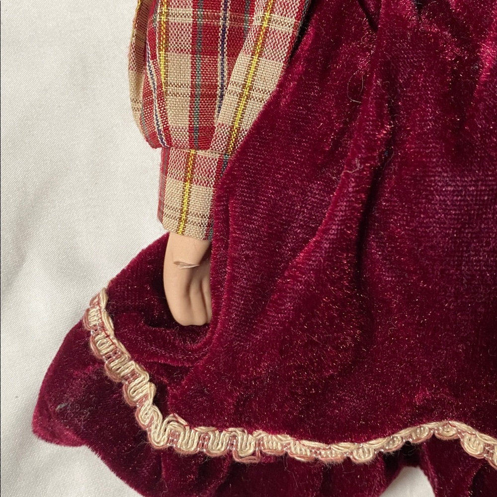 Vintage Style Porcelain Doll in Burgundy Dress - Picture 4 of 9